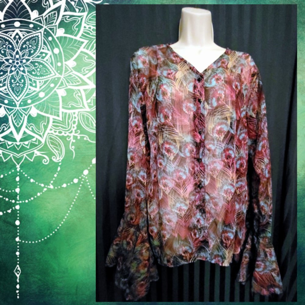 Rancho Estancia XL Peacock Print Blouse with Bell Sleeves